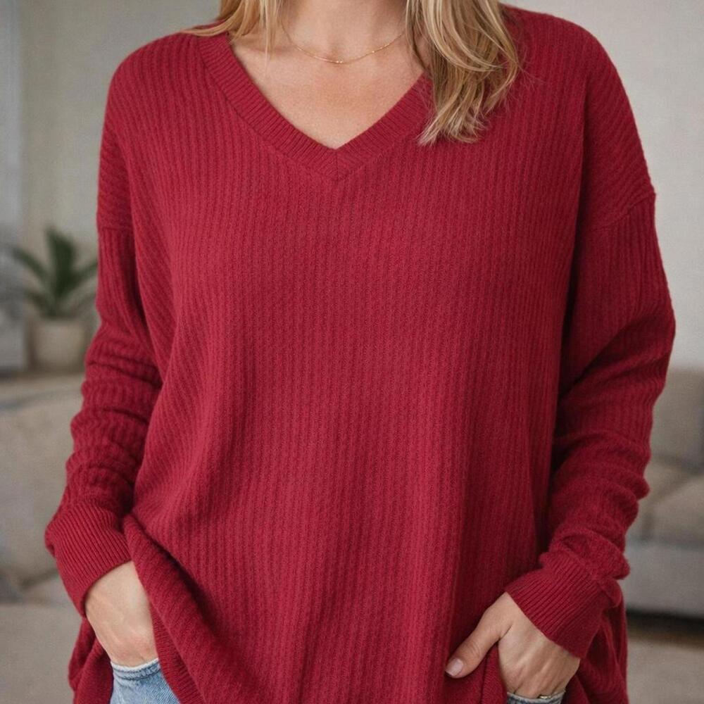 Lildy‎ Red V-Neck Waffle Long Sleeve Sweater - Size XL